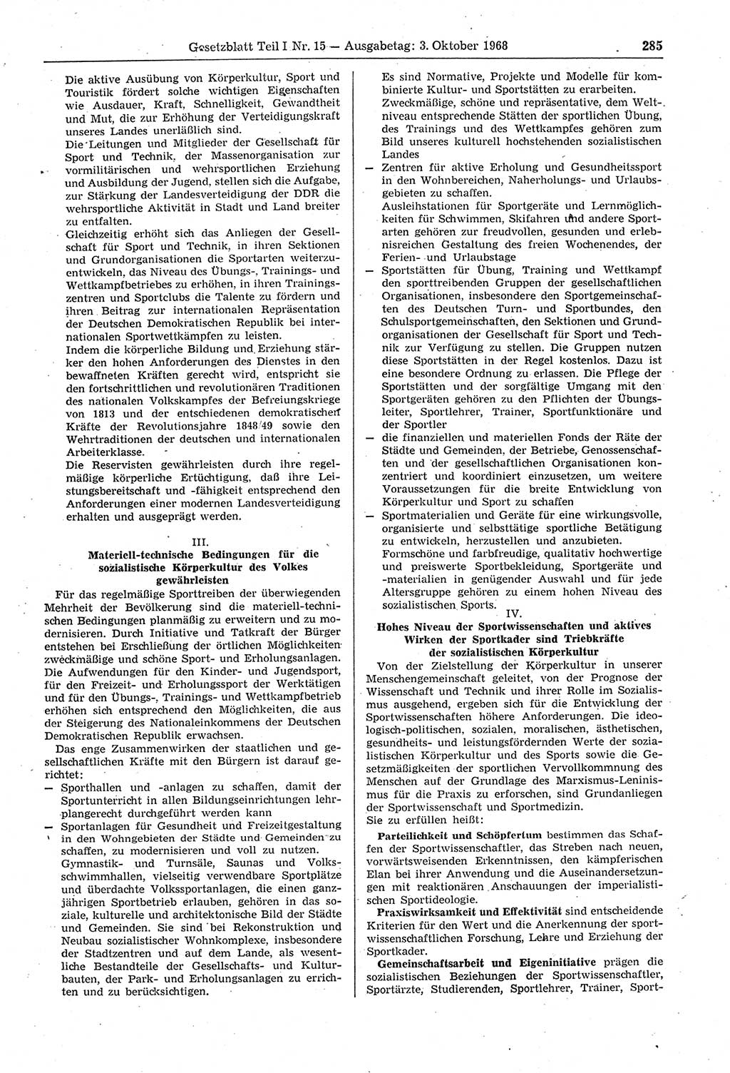Gesetzblatt (GBl.) der Deutschen Demokratischen Republik (DDR) Teil Ⅰ 1968, Seite 285 (GBl. DDR Ⅰ 1968, S. 285)