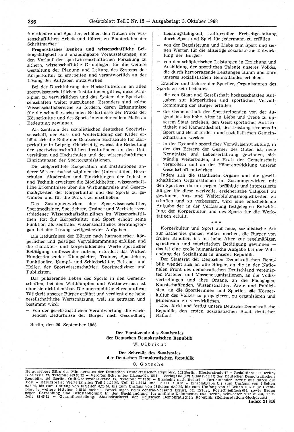Gesetzblatt (GBl.) der Deutschen Demokratischen Republik (DDR) Teil Ⅰ 1968, Seite 286 (GBl. DDR Ⅰ 1968, S. 286)