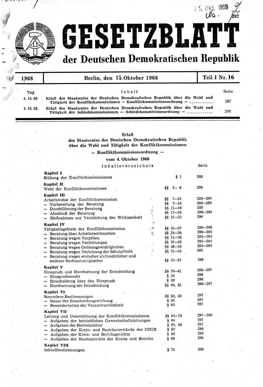 Gesetzblatt (GBl.) der Deutschen Demokratischen Republik (DDR) Teil Ⅰ 1968, Seite 287 (GBl. DDR Ⅰ 1968, S. 287)