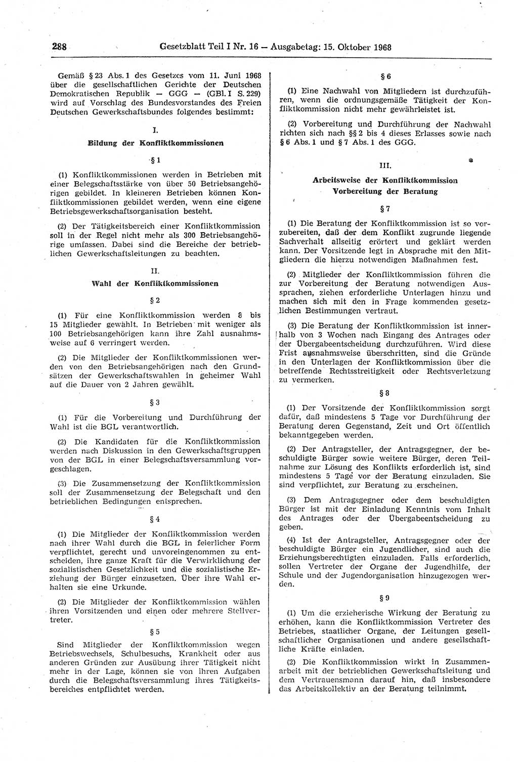 Gesetzblatt (GBl.) der Deutschen Demokratischen Republik (DDR) Teil Ⅰ 1968, Seite 288 (GBl. DDR Ⅰ 1968, S. 288)