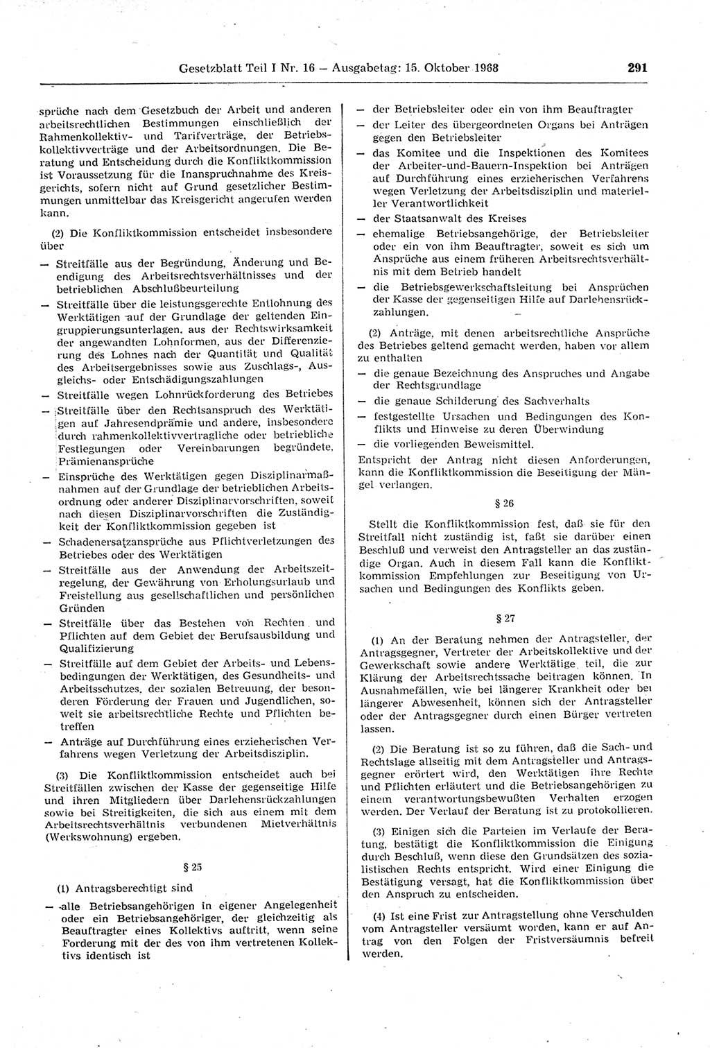 Gesetzblatt (GBl.) der Deutschen Demokratischen Republik (DDR) Teil Ⅰ 1968, Seite 291 (GBl. DDR Ⅰ 1968, S. 291)