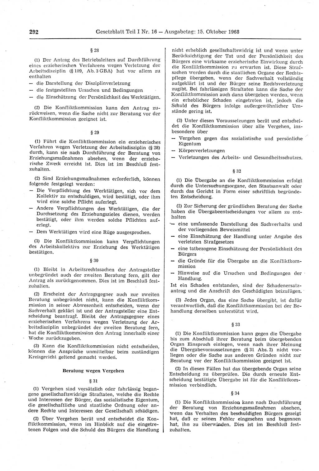 Gesetzblatt (GBl.) der Deutschen Demokratischen Republik (DDR) Teil Ⅰ 1968, Seite 292 (GBl. DDR Ⅰ 1968, S. 292)