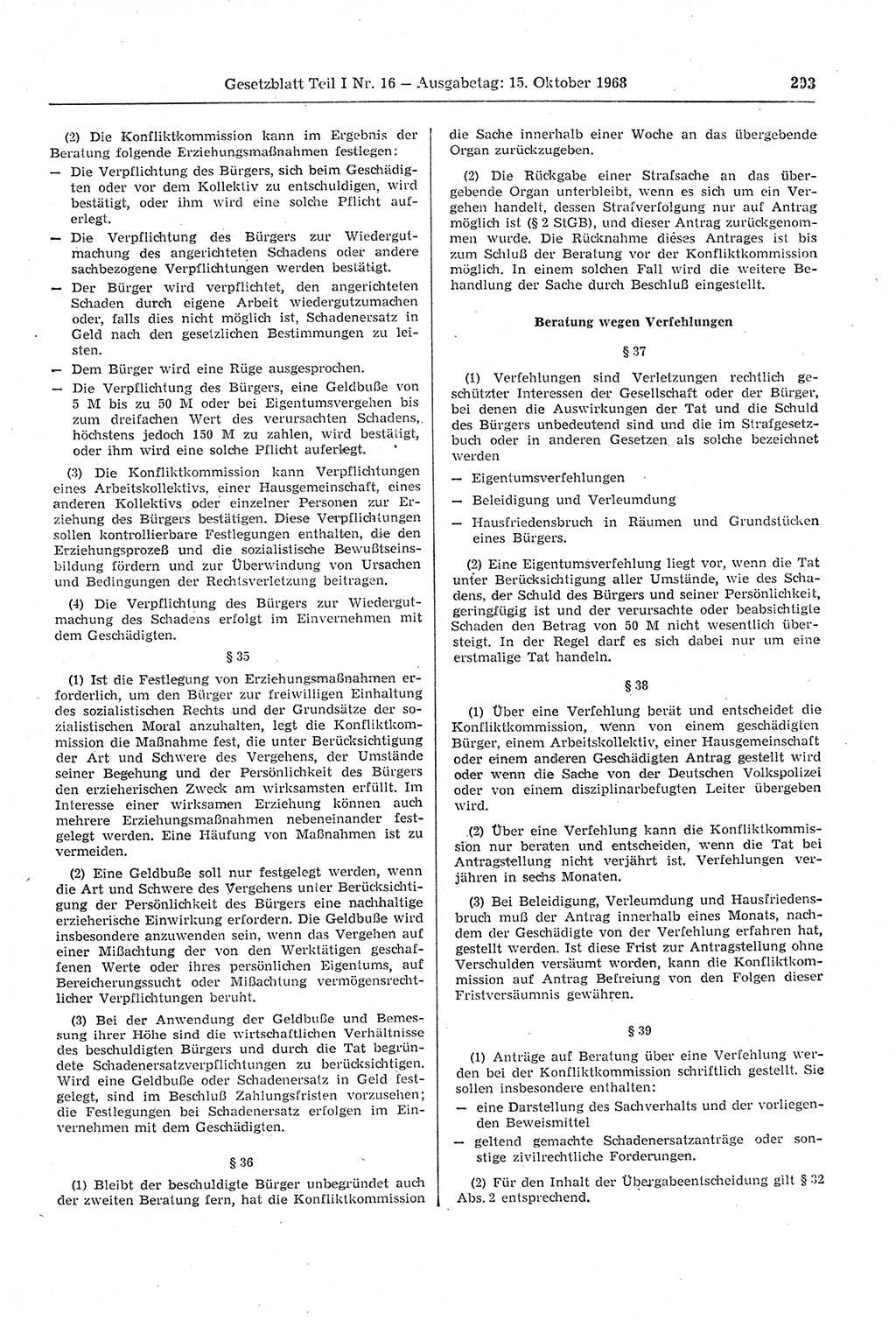Gesetzblatt (GBl.) der Deutschen Demokratischen Republik (DDR) Teil Ⅰ 1968, Seite 293 (GBl. DDR Ⅰ 1968, S. 293)