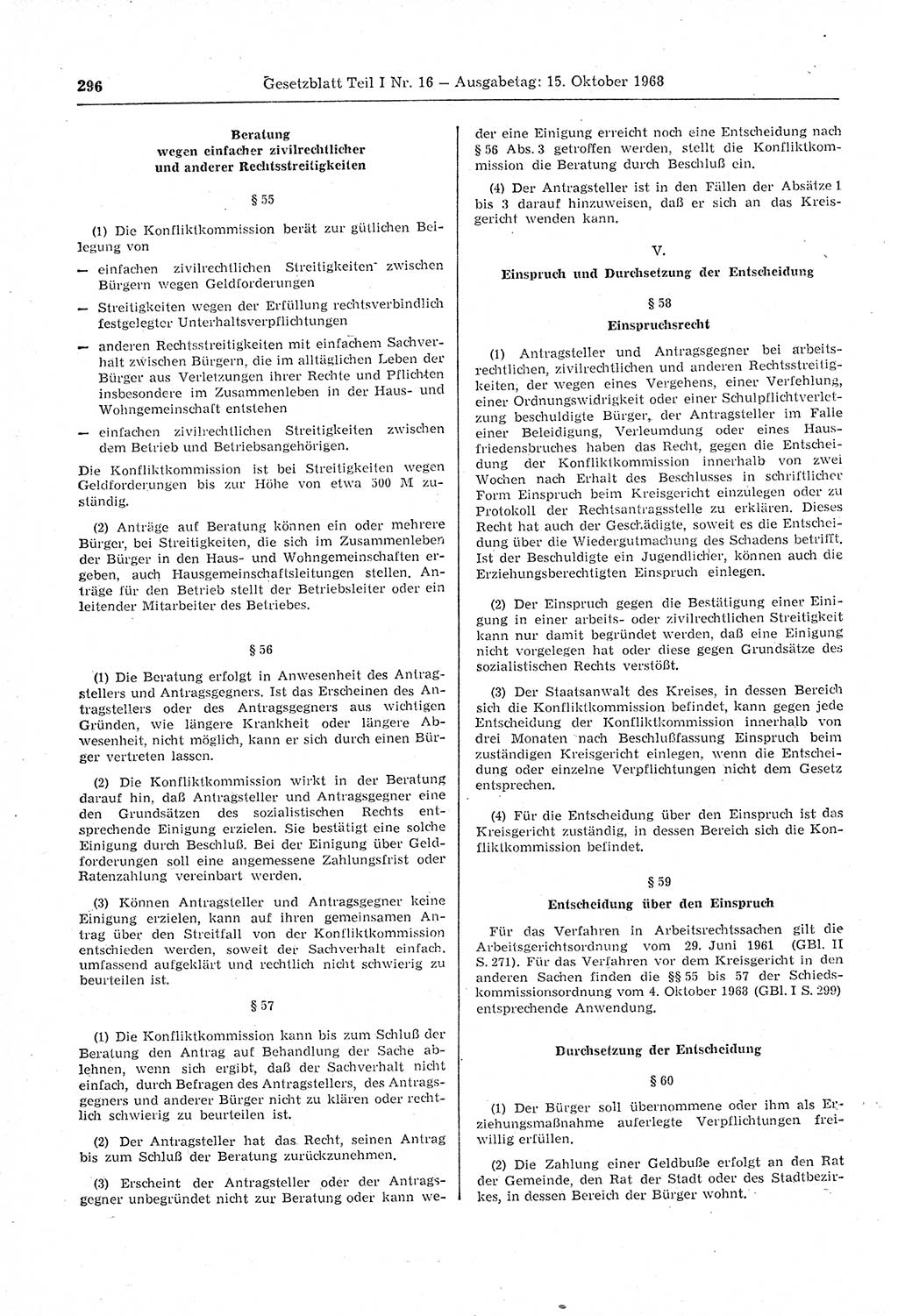 Gesetzblatt (GBl.) der Deutschen Demokratischen Republik (DDR) Teil Ⅰ 1968, Seite 296 (GBl. DDR Ⅰ 1968, S. 296)