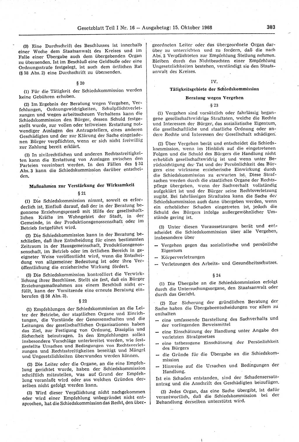 Gesetzblatt (GBl.) der Deutschen Demokratischen Republik (DDR) Teil Ⅰ 1968, Seite 303 (GBl. DDR Ⅰ 1968, S. 303)