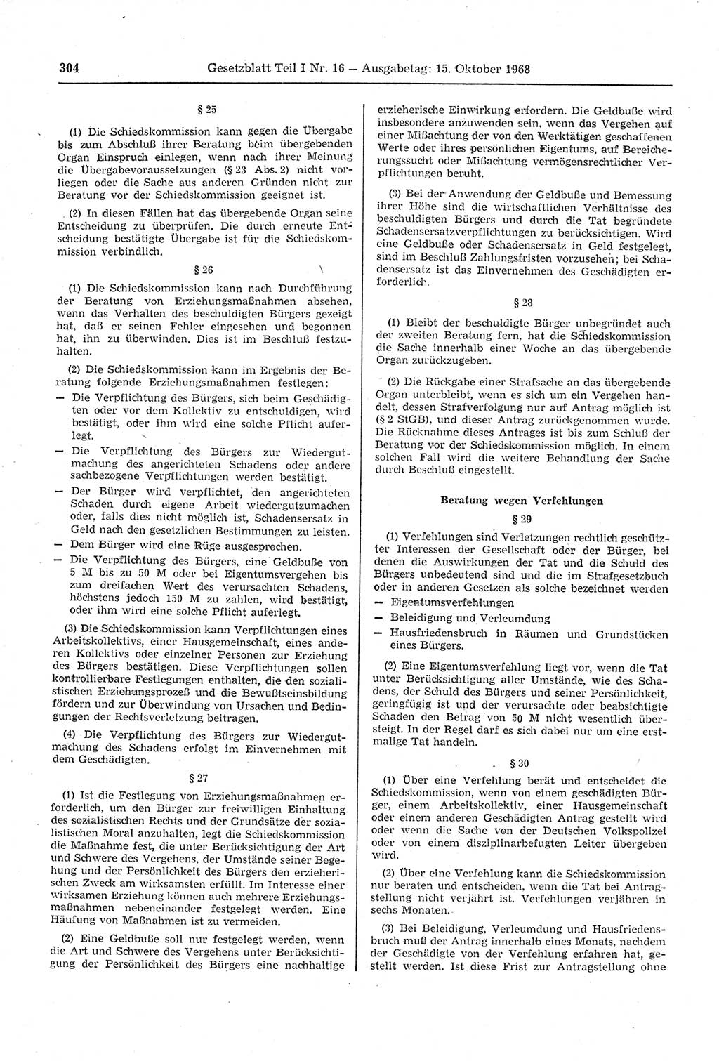 Gesetzblatt (GBl.) der Deutschen Demokratischen Republik (DDR) Teil Ⅰ 1968, Seite 304 (GBl. DDR Ⅰ 1968, S. 304)