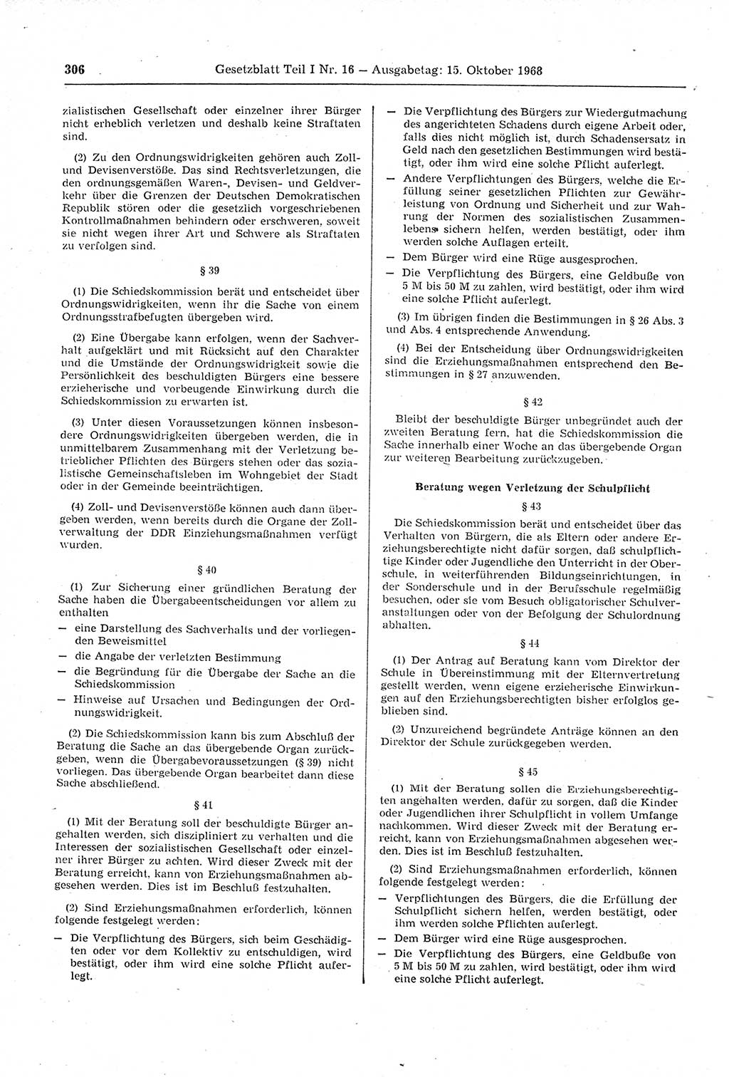 Gesetzblatt (GBl.) der Deutschen Demokratischen Republik (DDR) Teil Ⅰ 1968, Seite 306 (GBl. DDR Ⅰ 1968, S. 306)