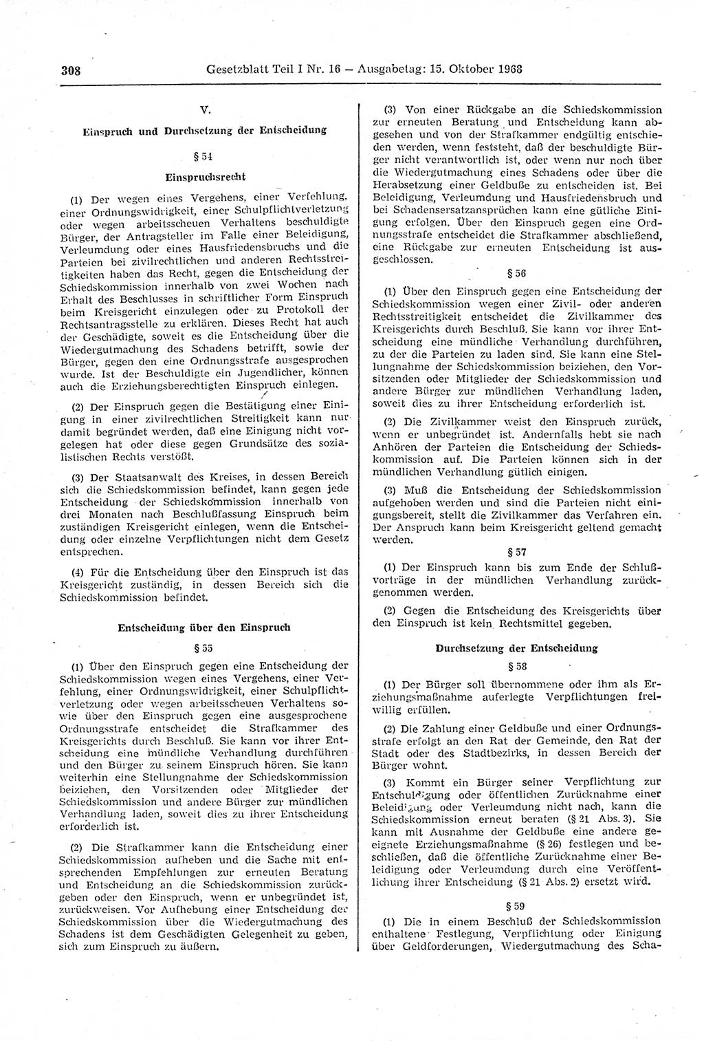 Gesetzblatt (GBl.) der Deutschen Demokratischen Republik (DDR) Teil Ⅰ 1968, Seite 308 (GBl. DDR Ⅰ 1968, S. 308)