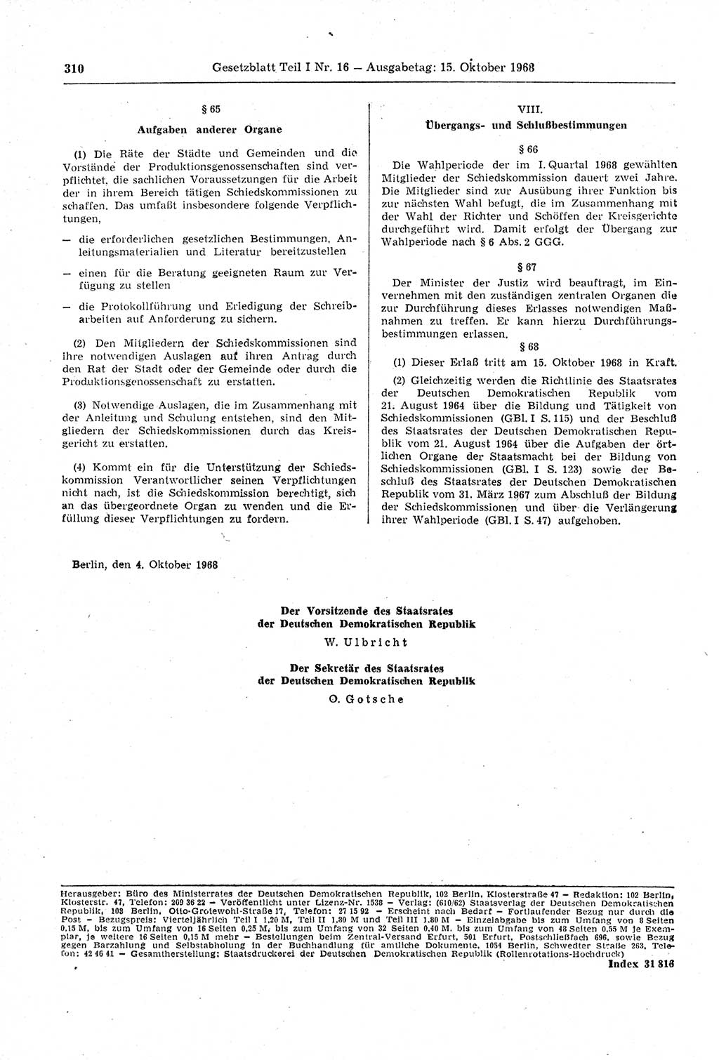 Gesetzblatt (GBl.) der Deutschen Demokratischen Republik (DDR) Teil Ⅰ 1968, Seite 310 (GBl. DDR Ⅰ 1968, S. 310)