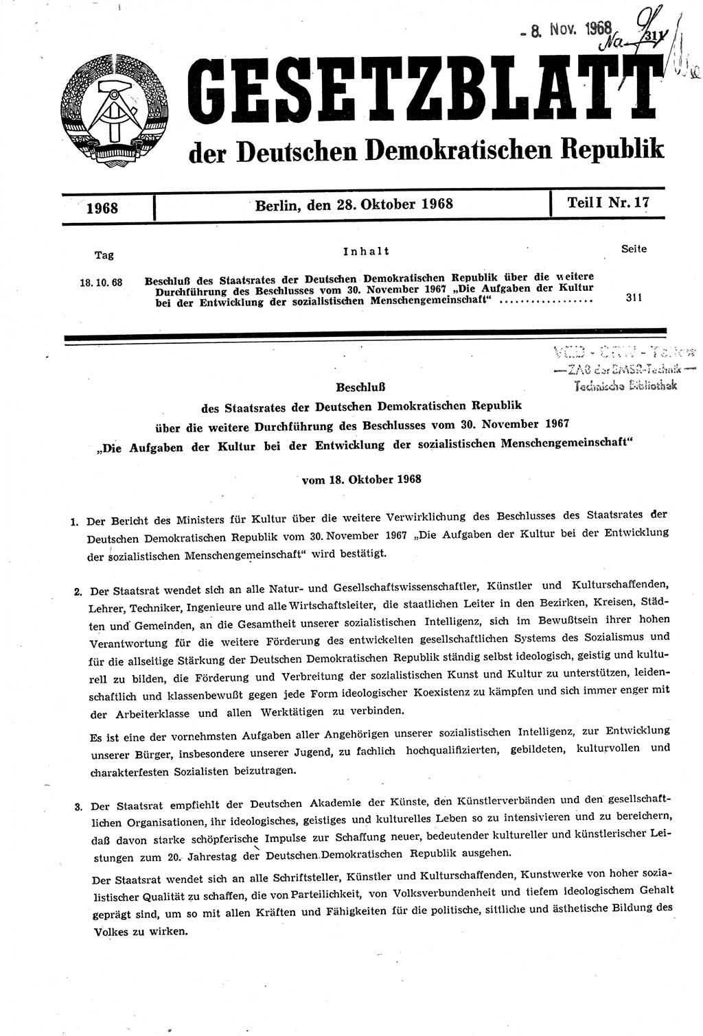 Gesetzblatt (GBl.) der Deutschen Demokratischen Republik (DDR) Teil Ⅰ 1968, Seite 311 (GBl. DDR Ⅰ 1968, S. 311)