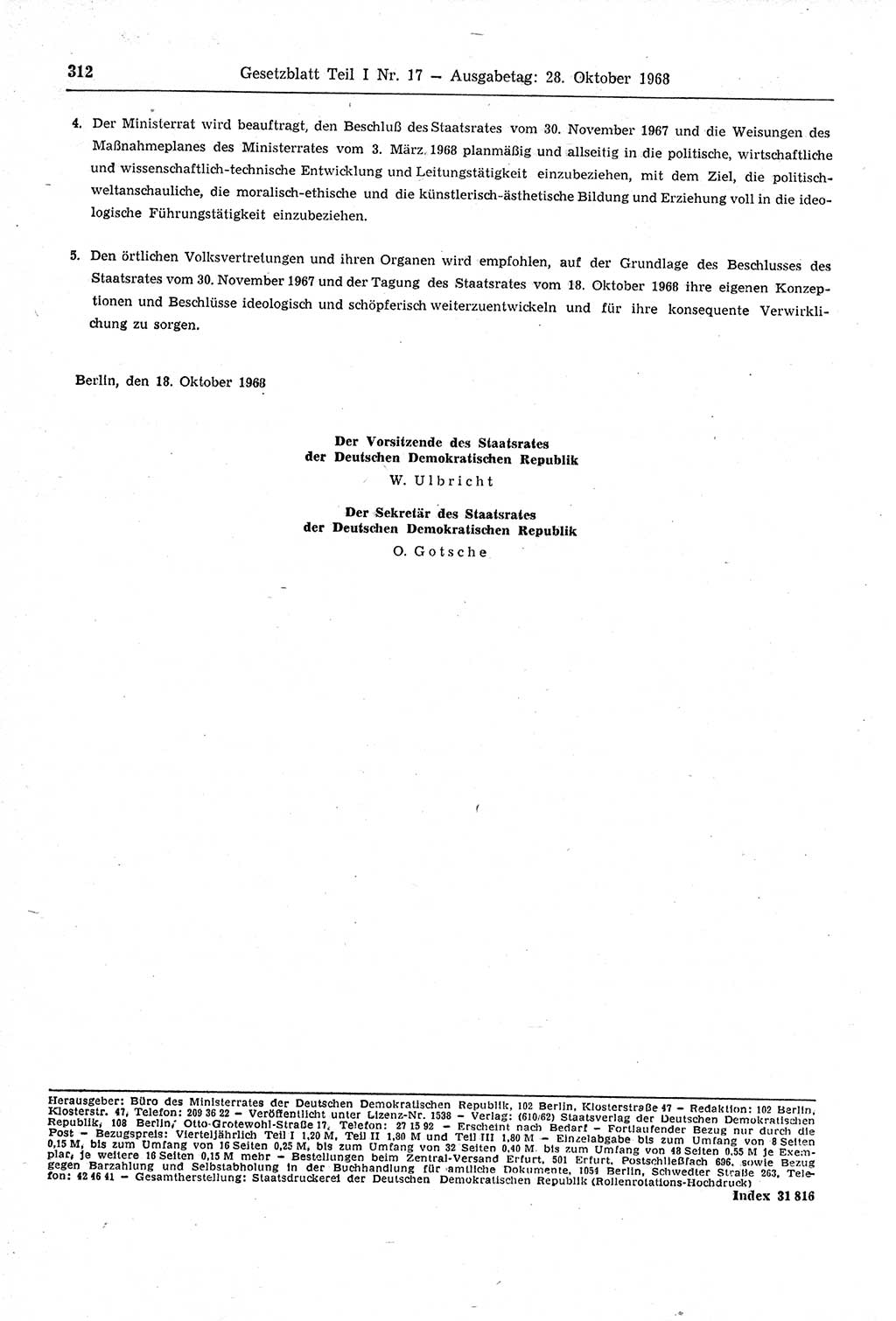 Gesetzblatt (GBl.) der Deutschen Demokratischen Republik (DDR) Teil Ⅰ 1968, Seite 312 (GBl. DDR Ⅰ 1968, S. 312)