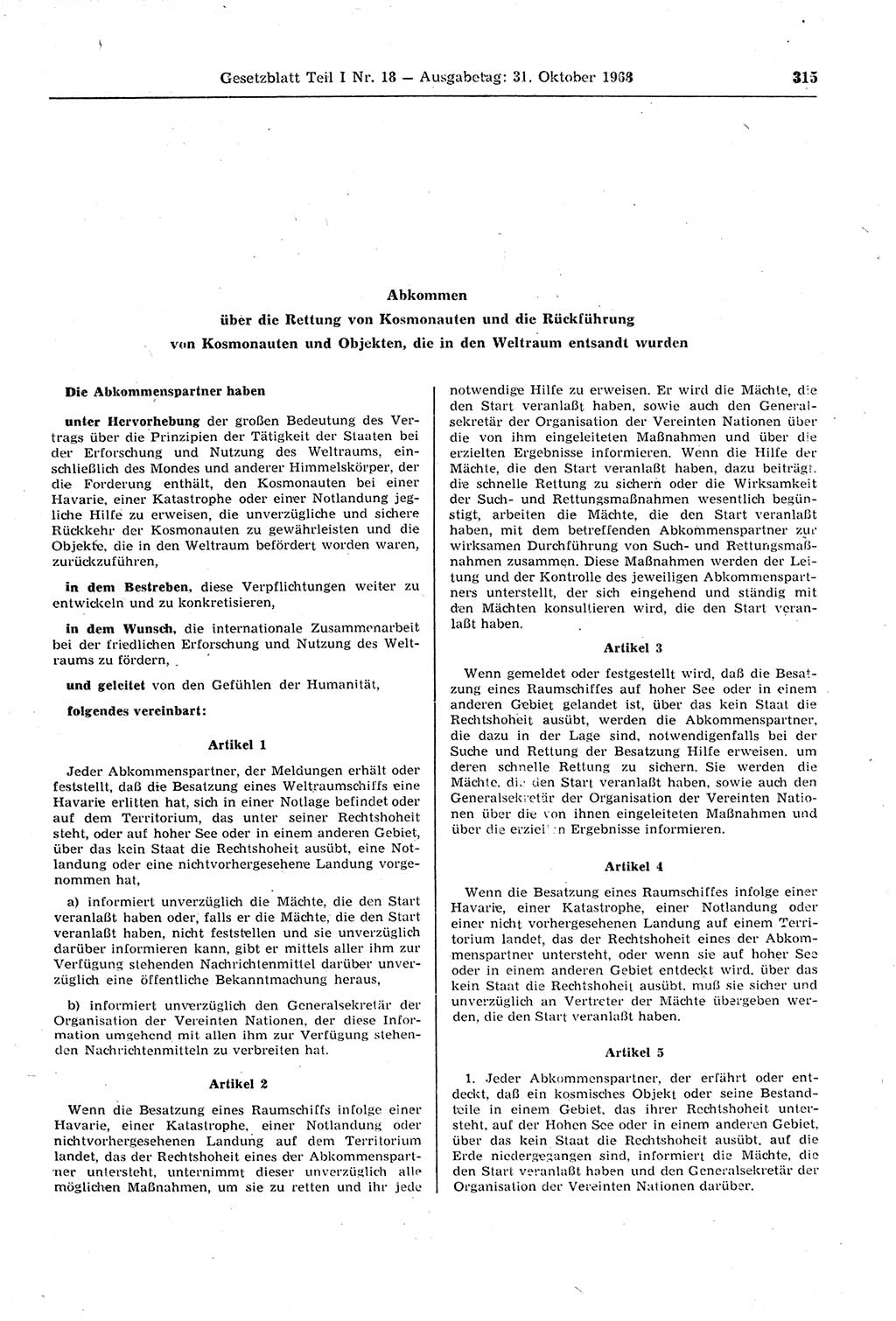Gesetzblatt (GBl.) der Deutschen Demokratischen Republik (DDR) Teil Ⅰ 1968, Seite 315 (GBl. DDR Ⅰ 1968, S. 315)
