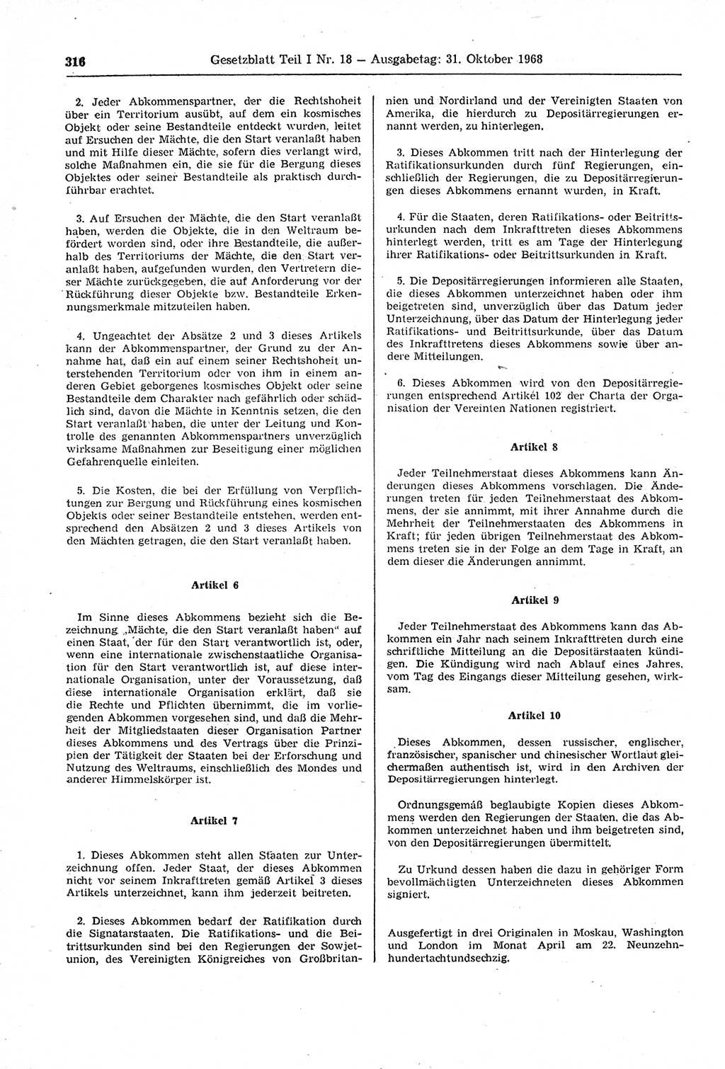 Gesetzblatt (GBl.) der Deutschen Demokratischen Republik (DDR) Teil Ⅰ 1968, Seite 316 (GBl. DDR Ⅰ 1968, S. 316)