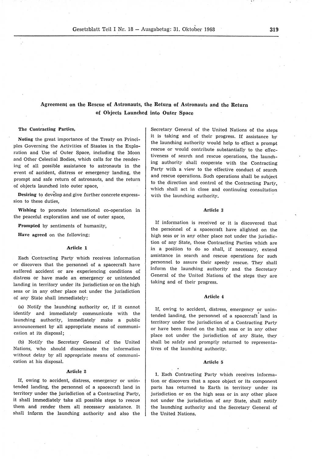 Gesetzblatt (GBl.) der Deutschen Demokratischen Republik (DDR) Teil Ⅰ 1968, Seite 319 (GBl. DDR Ⅰ 1968, S. 319)