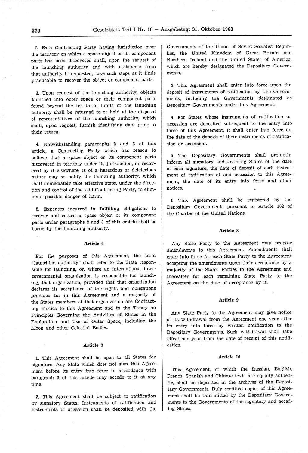 Gesetzblatt (GBl.) der Deutschen Demokratischen Republik (DDR) Teil Ⅰ 1968, Seite 320 (GBl. DDR Ⅰ 1968, S. 320)