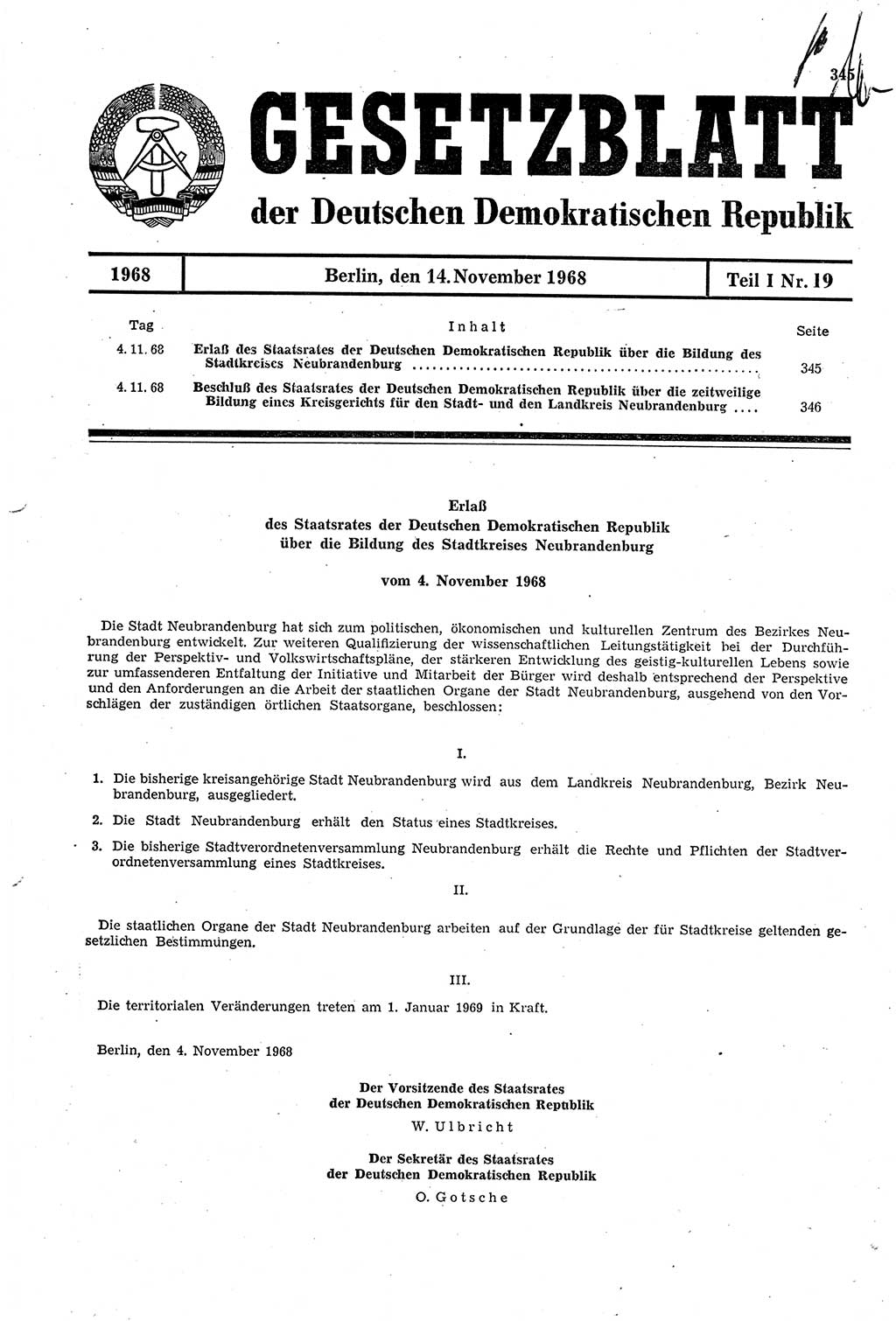 Gesetzblatt (GBl.) der Deutschen Demokratischen Republik (DDR) Teil Ⅰ 1968, Seite 345 (GBl. DDR Ⅰ 1968, S. 345)