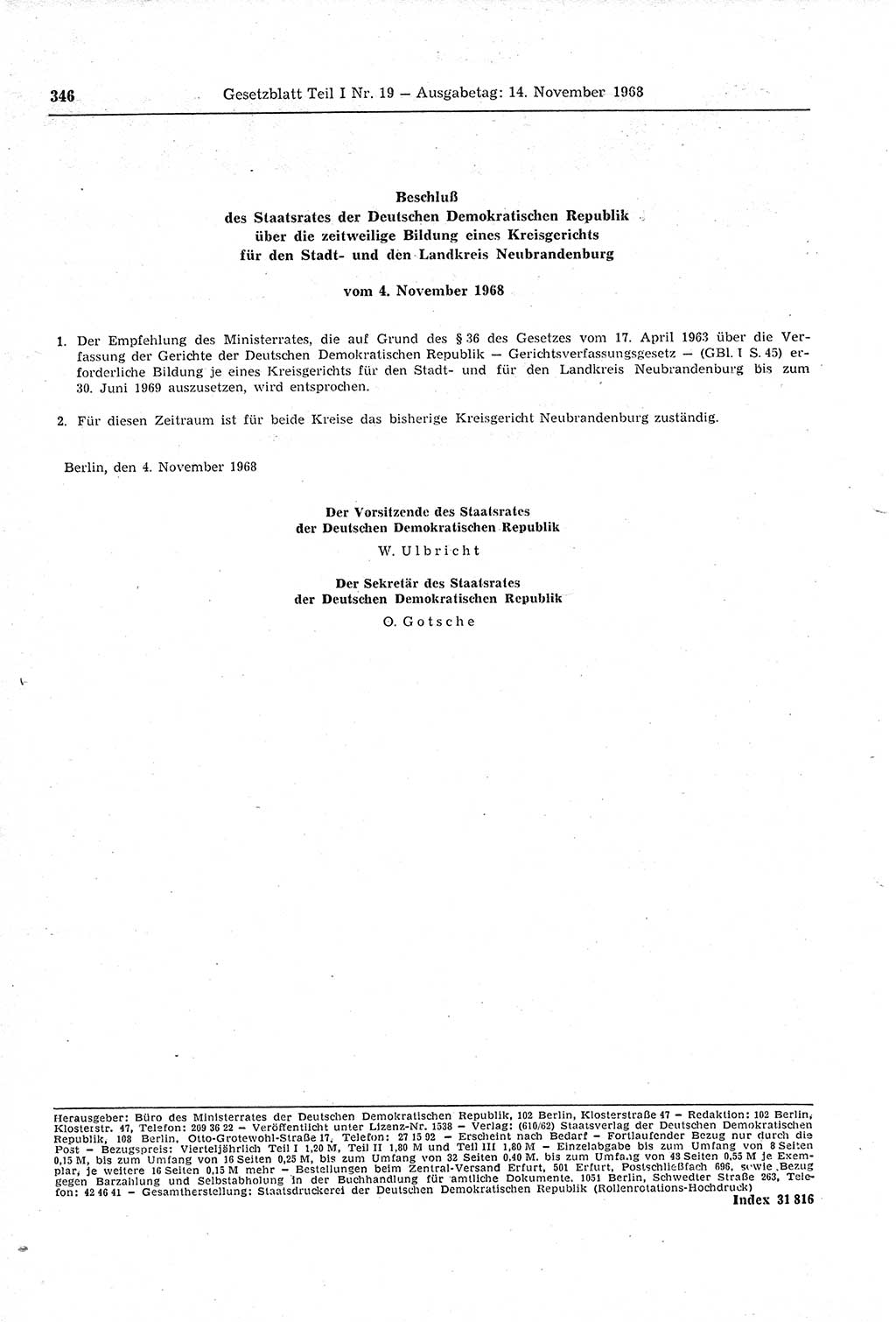 Gesetzblatt (GBl.) der Deutschen Demokratischen Republik (DDR) Teil Ⅰ 1968, Seite 346 (GBl. DDR Ⅰ 1968, S. 346)
