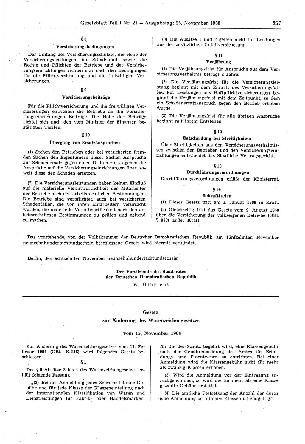 Gesetzblatt (GBl.) der Deutschen Demokratischen Republik (DDR) Teil Ⅰ 1968, Seite 357 (GBl. DDR Ⅰ 1968, S. 357)