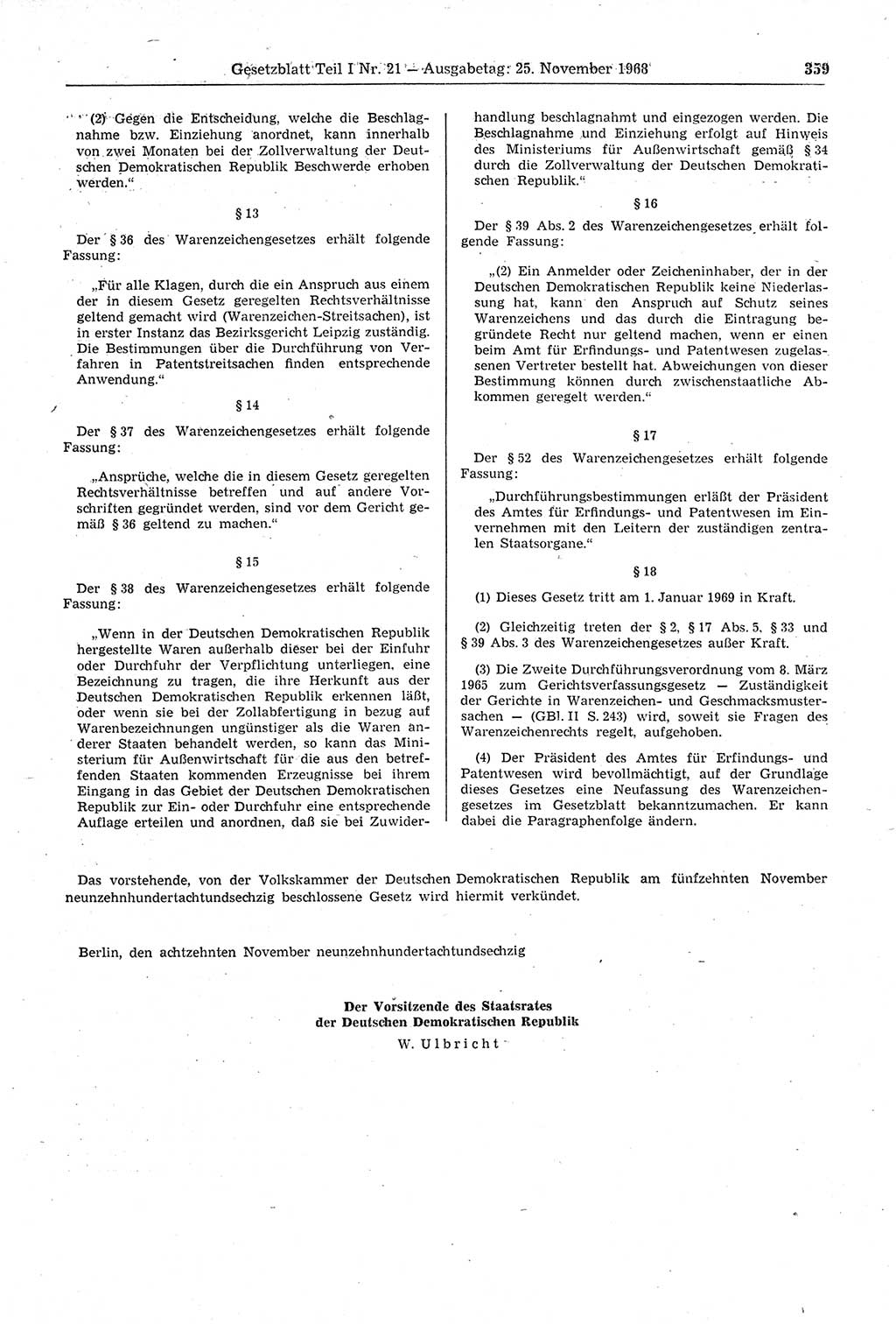 Gesetzblatt (GBl.) der Deutschen Demokratischen Republik (DDR) Teil Ⅰ 1968, Seite 359 (GBl. DDR Ⅰ 1968, S. 359)