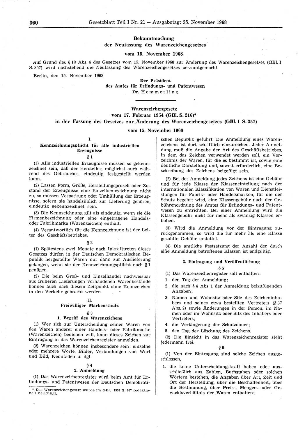 Gesetzblatt (GBl.) der Deutschen Demokratischen Republik (DDR) Teil Ⅰ 1968, Seite 360 (GBl. DDR Ⅰ 1968, S. 360)