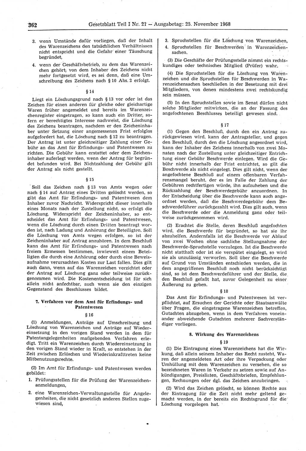 Gesetzblatt (GBl.) der Deutschen Demokratischen Republik (DDR) Teil Ⅰ 1968, Seite 362 (GBl. DDR Ⅰ 1968, S. 362)