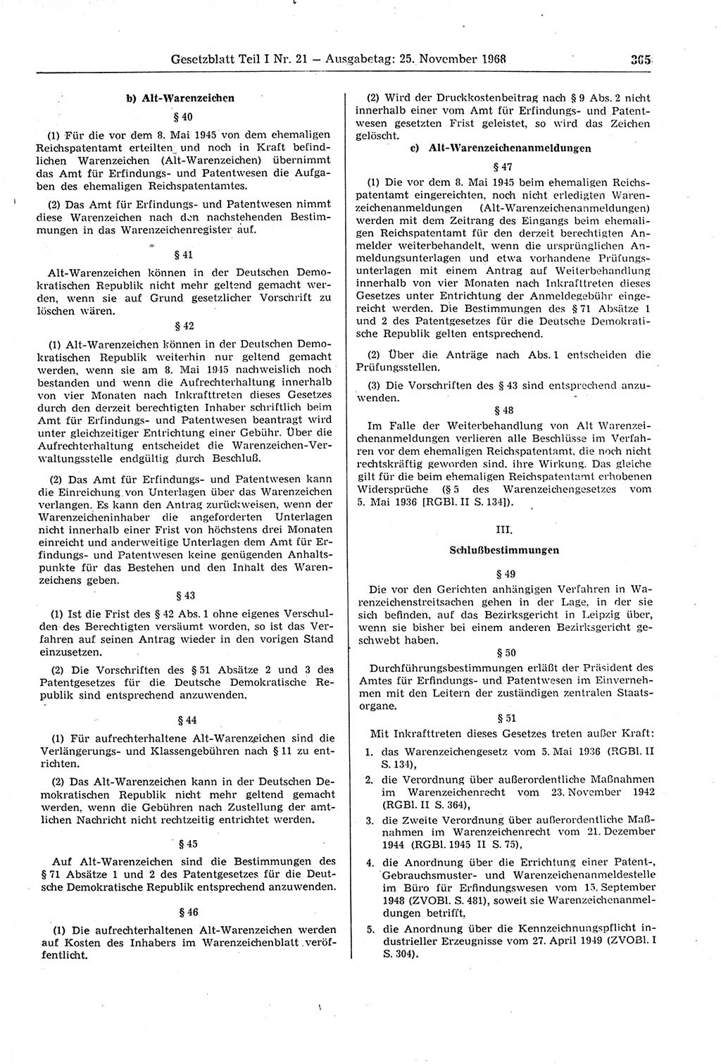 Gesetzblatt (GBl.) der Deutschen Demokratischen Republik (DDR) Teil Ⅰ 1968, Seite 365 (GBl. DDR Ⅰ 1968, S. 365)