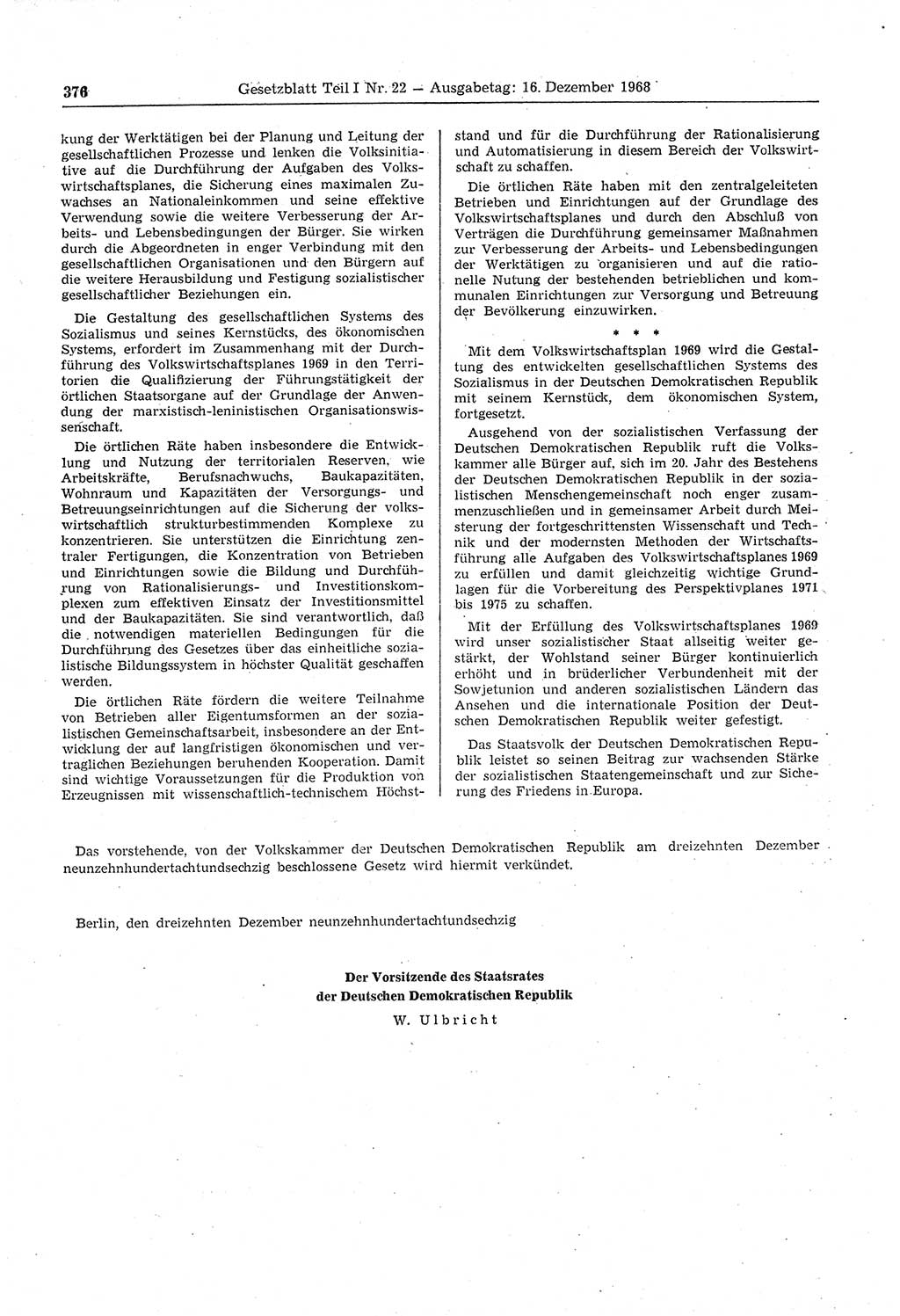 Gesetzblatt (GBl.) der Deutschen Demokratischen Republik (DDR) Teil Ⅰ 1968, Seite 376 (GBl. DDR Ⅰ 1968, S. 376)