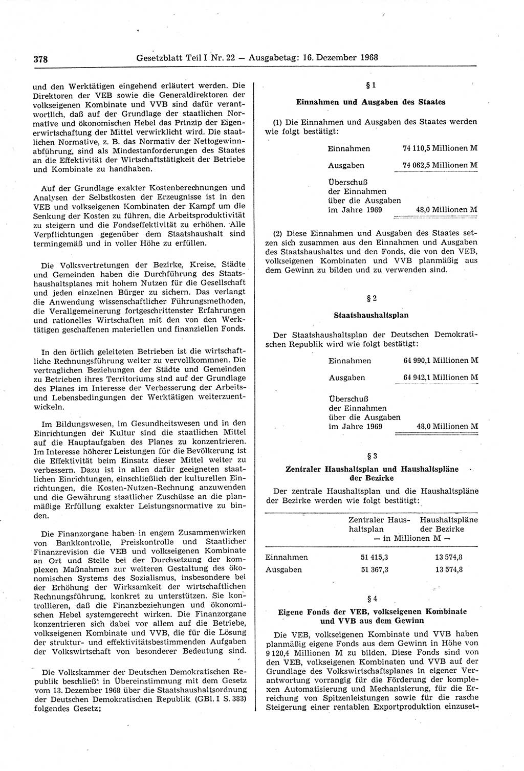 Gesetzblatt (GBl.) der Deutschen Demokratischen Republik (DDR) Teil Ⅰ 1968, Seite 378 (GBl. DDR Ⅰ 1968, S. 378)