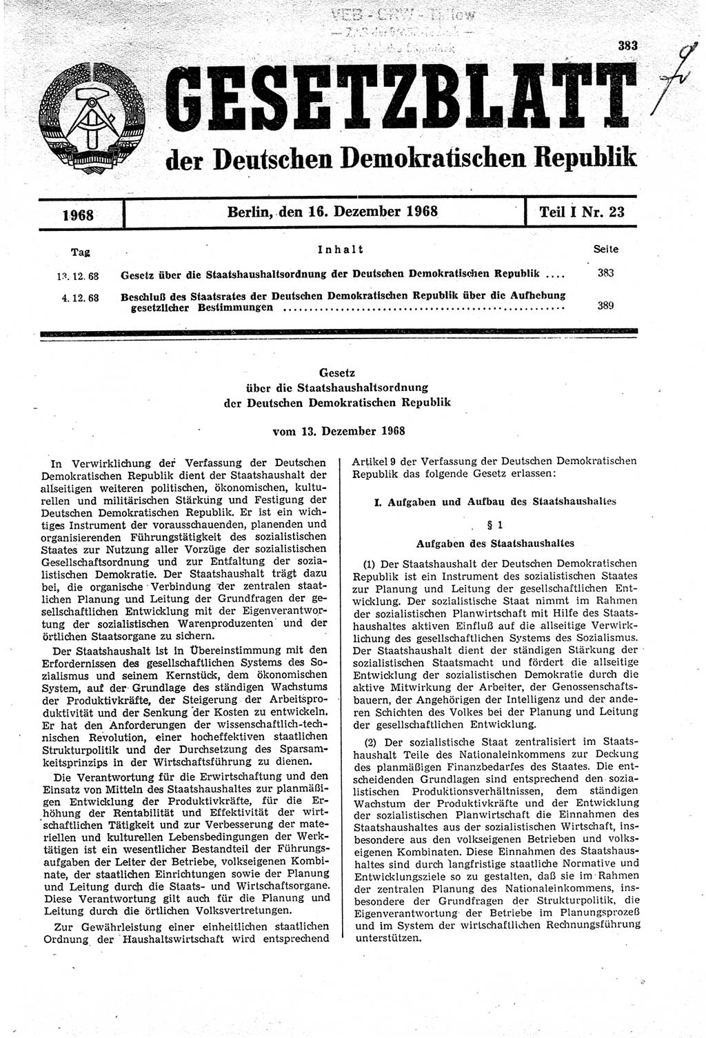 Gesetzblatt (GBl.) der Deutschen Demokratischen Republik (DDR) Teil Ⅰ 1968, Seite 383 (GBl. DDR Ⅰ 1968, S. 383)