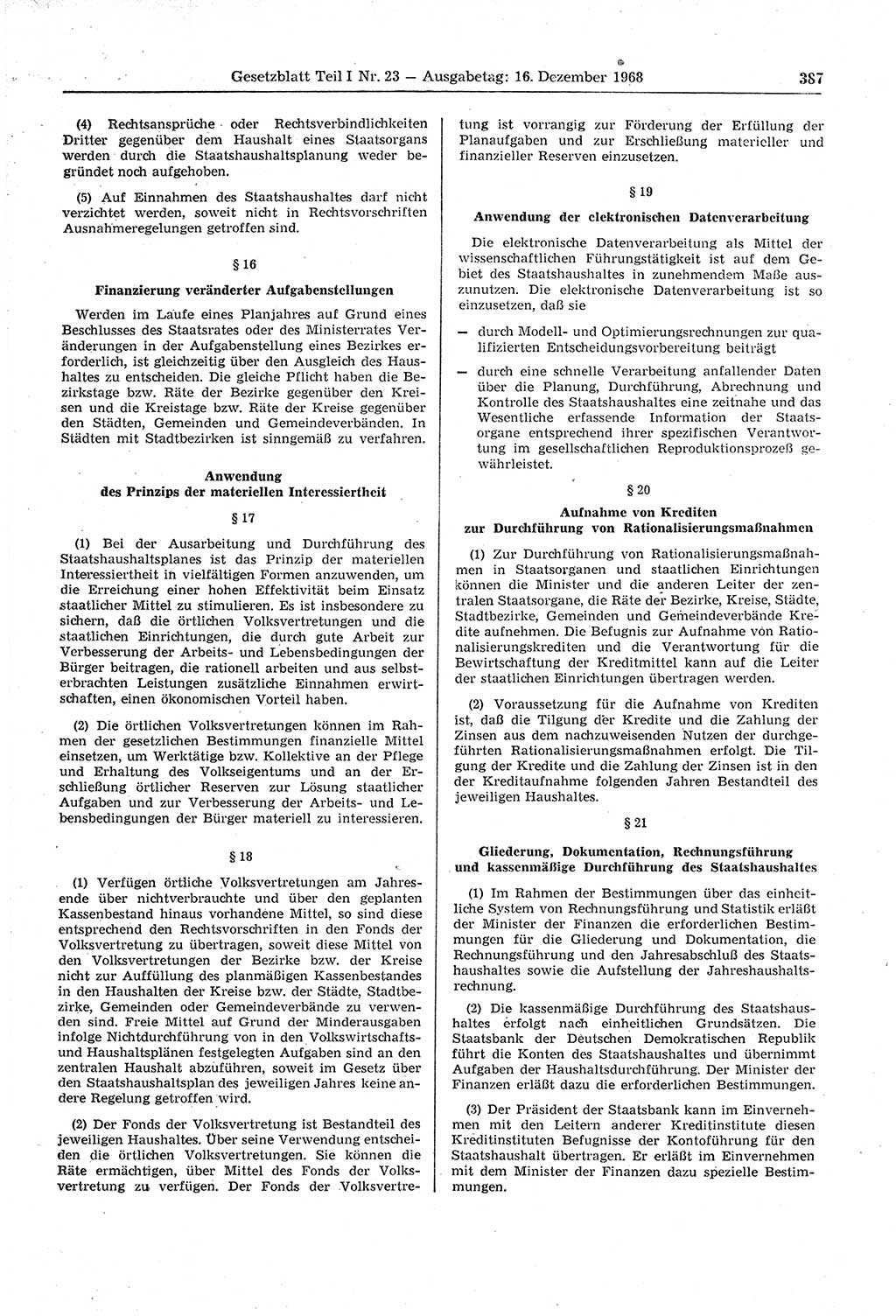 Gesetzblatt (GBl.) der Deutschen Demokratischen Republik (DDR) Teil Ⅰ 1968, Seite 387 (GBl. DDR Ⅰ 1968, S. 387)