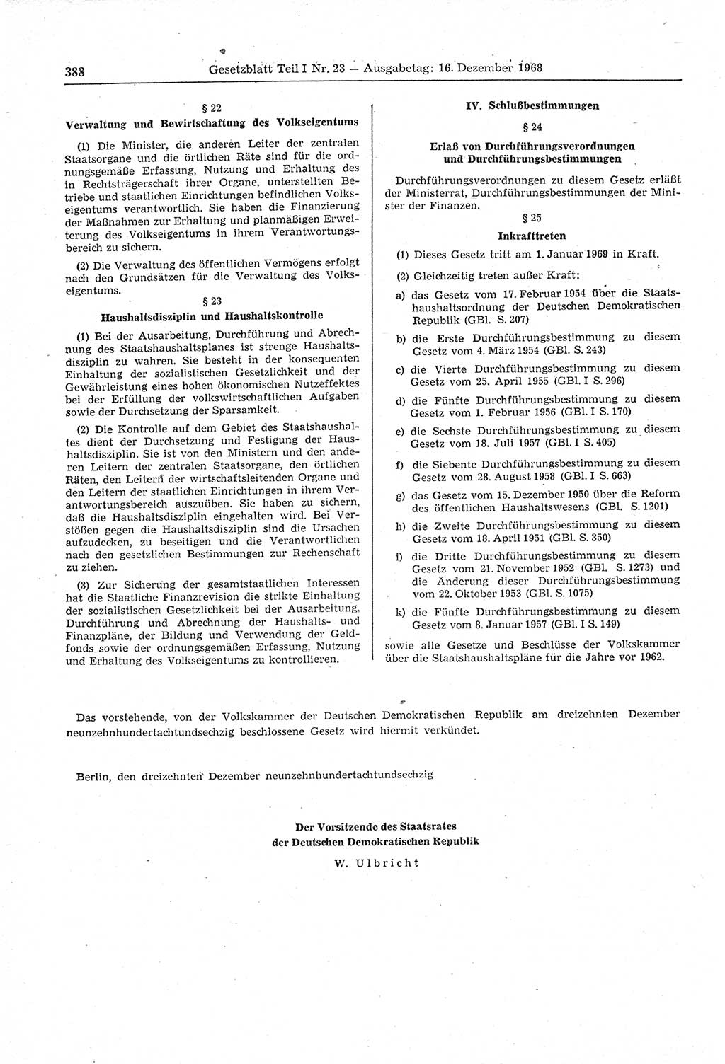 Gesetzblatt (GBl.) der Deutschen Demokratischen Republik (DDR) Teil Ⅰ 1968, Seite 388 (GBl. DDR Ⅰ 1968, S. 388)