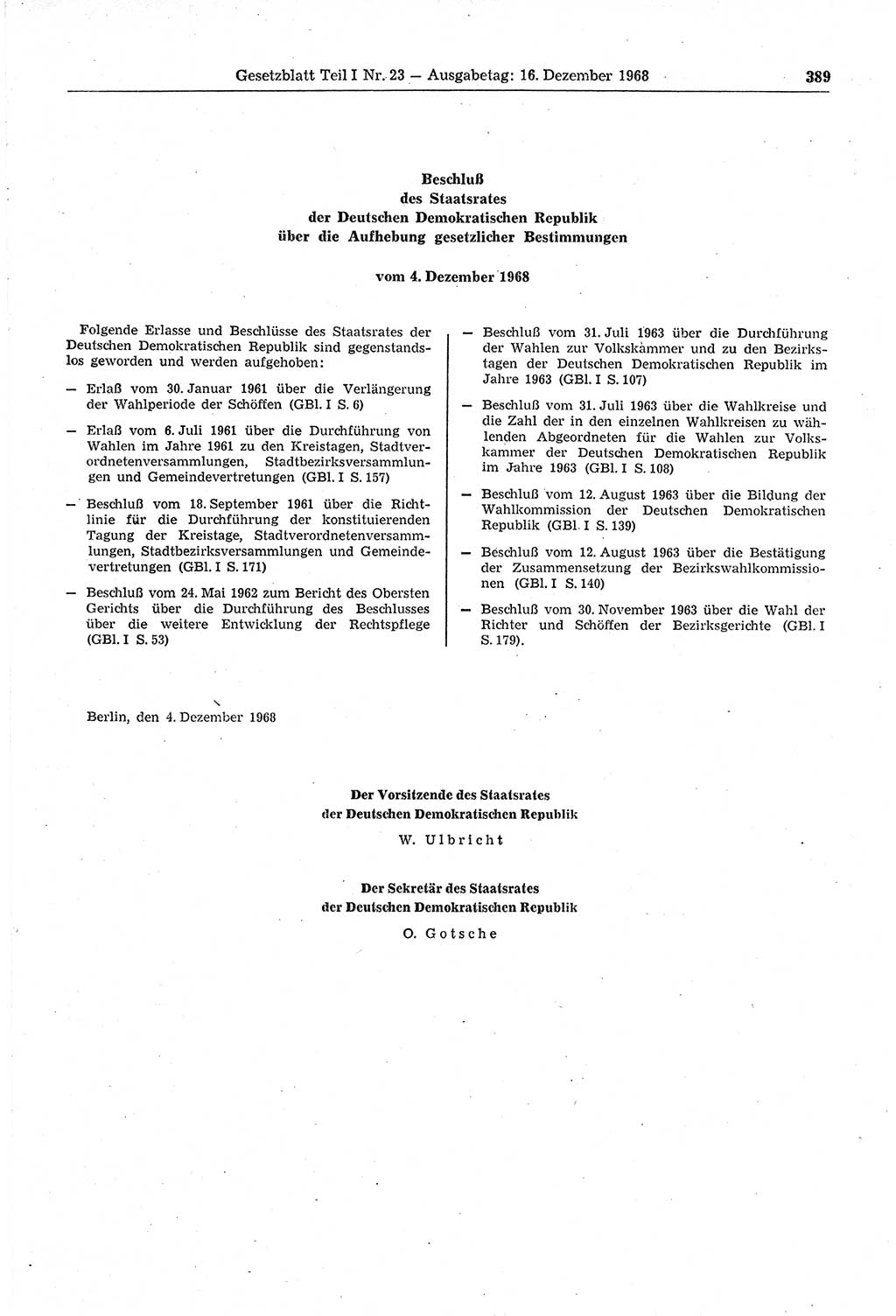 Gesetzblatt (GBl.) der Deutschen Demokratischen Republik (DDR) Teil Ⅰ 1968, Seite 389 (GBl. DDR Ⅰ 1968, S. 389)