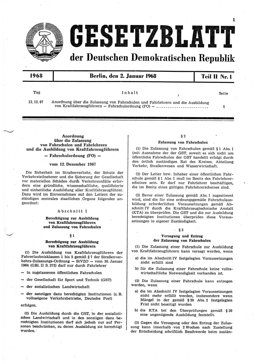 Gesetzblatt (GBl.) der Deutschen Demokratischen Republik (DDR) Teil ⅠⅠ 1968, Seite 1 (GBl. DDR ⅠⅠ 1968, S. 1)