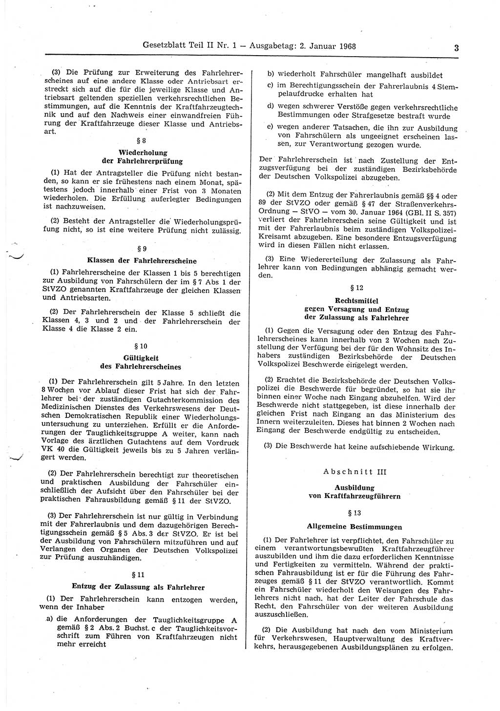 Gesetzblatt (GBl.) der Deutschen Demokratischen Republik (DDR) Teil ⅠⅠ 1968, Seite 3 (GBl. DDR ⅠⅠ 1968, S. 3)