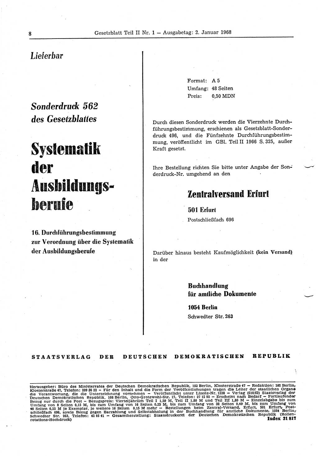 Gesetzblatt (GBl.) der Deutschen Demokratischen Republik (DDR) Teil ⅠⅠ 1968, Seite 8 (GBl. DDR ⅠⅠ 1968, S. 8)