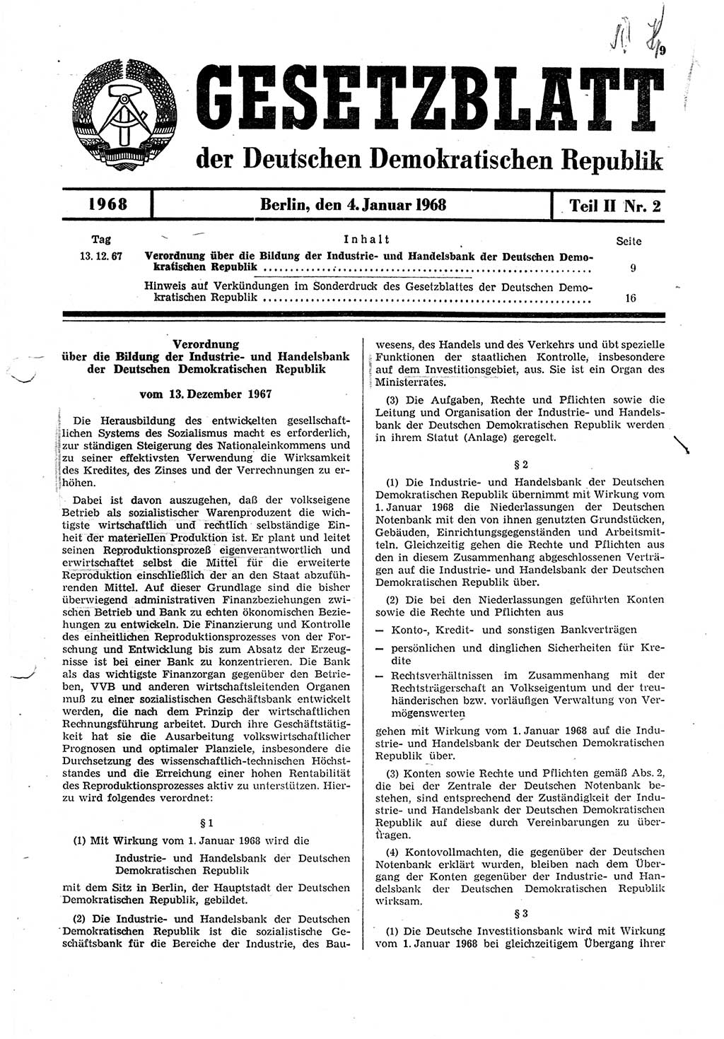 Gesetzblatt (GBl.) der Deutschen Demokratischen Republik (DDR) Teil ⅠⅠ 1968, Seite 9 (GBl. DDR ⅠⅠ 1968, S. 9)