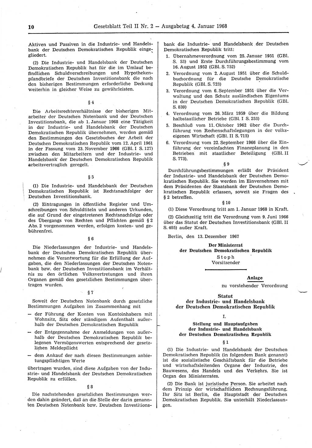 Gesetzblatt (GBl.) der Deutschen Demokratischen Republik (DDR) Teil ⅠⅠ 1968, Seite 10 (GBl. DDR ⅠⅠ 1968, S. 10)