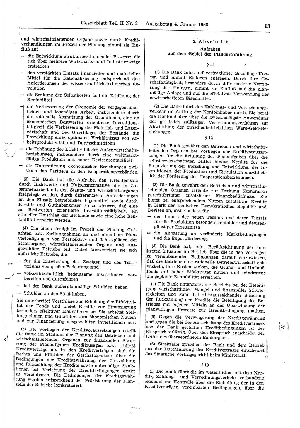 Gesetzblatt (GBl.) der Deutschen Demokratischen Republik (DDR) Teil ⅠⅠ 1968, Seite 13 (GBl. DDR ⅠⅠ 1968, S. 13)
