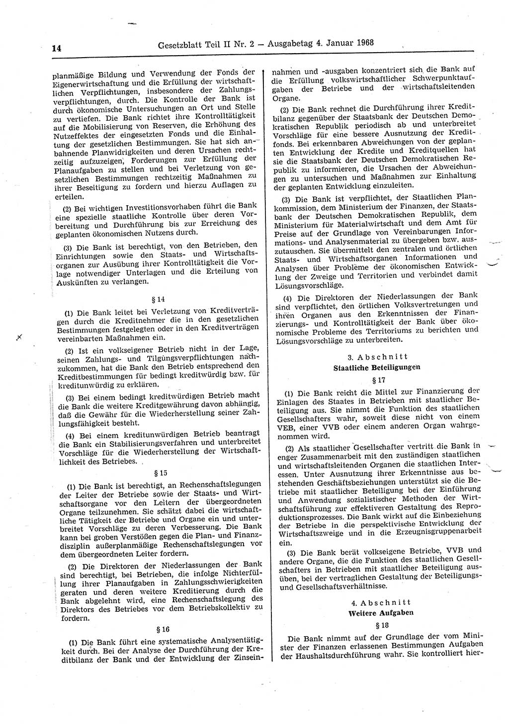 Gesetzblatt (GBl.) der Deutschen Demokratischen Republik (DDR) Teil ⅠⅠ 1968, Seite 14 (GBl. DDR ⅠⅠ 1968, S. 14)