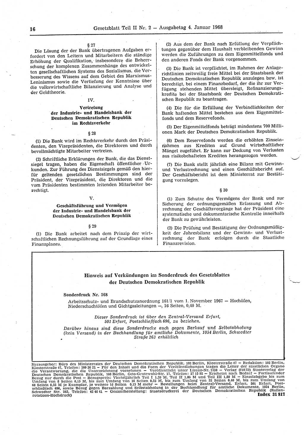 Gesetzblatt (GBl.) der Deutschen Demokratischen Republik (DDR) Teil ⅠⅠ 1968, Seite 16 (GBl. DDR ⅠⅠ 1968, S. 16)