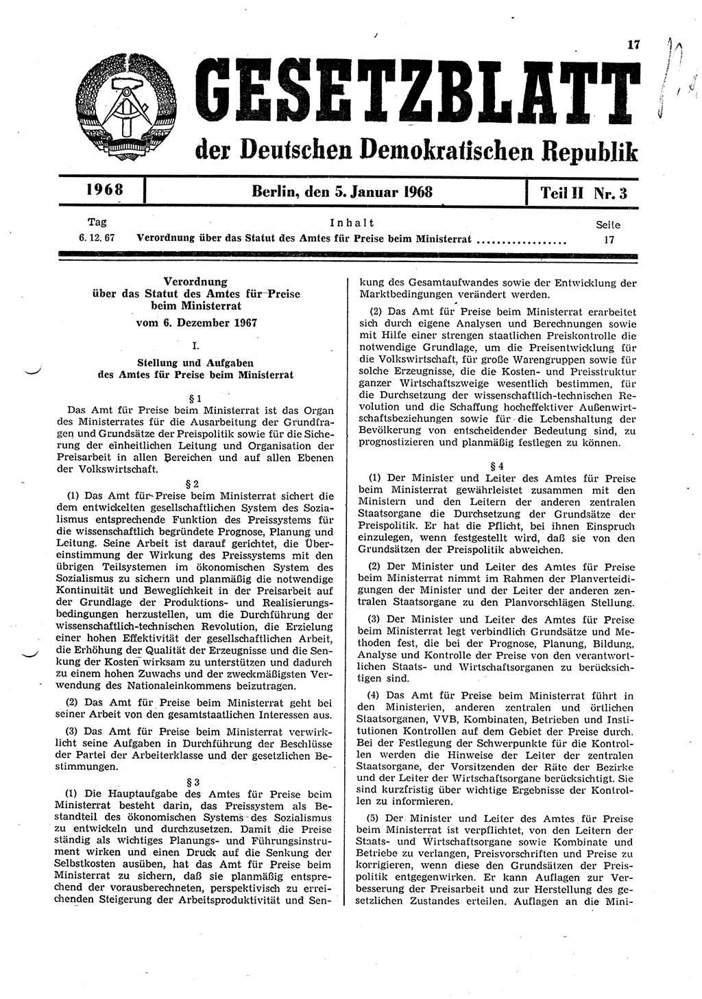 Gesetzblatt (GBl.) der Deutschen Demokratischen Republik (DDR) Teil ⅠⅠ 1968, Seite 17 (GBl. DDR ⅠⅠ 1968, S. 17)