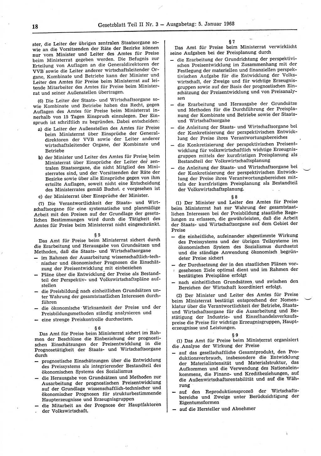 Gesetzblatt (GBl.) der Deutschen Demokratischen Republik (DDR) Teil ⅠⅠ 1968, Seite 18 (GBl. DDR ⅠⅠ 1968, S. 18)