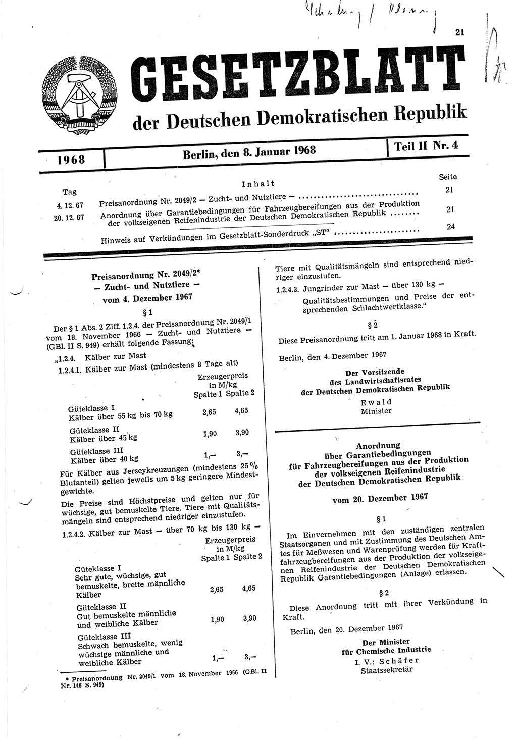 Gesetzblatt (GBl.) der Deutschen Demokratischen Republik (DDR) Teil ⅠⅠ 1968, Seite 21 (GBl. DDR ⅠⅠ 1968, S. 21)