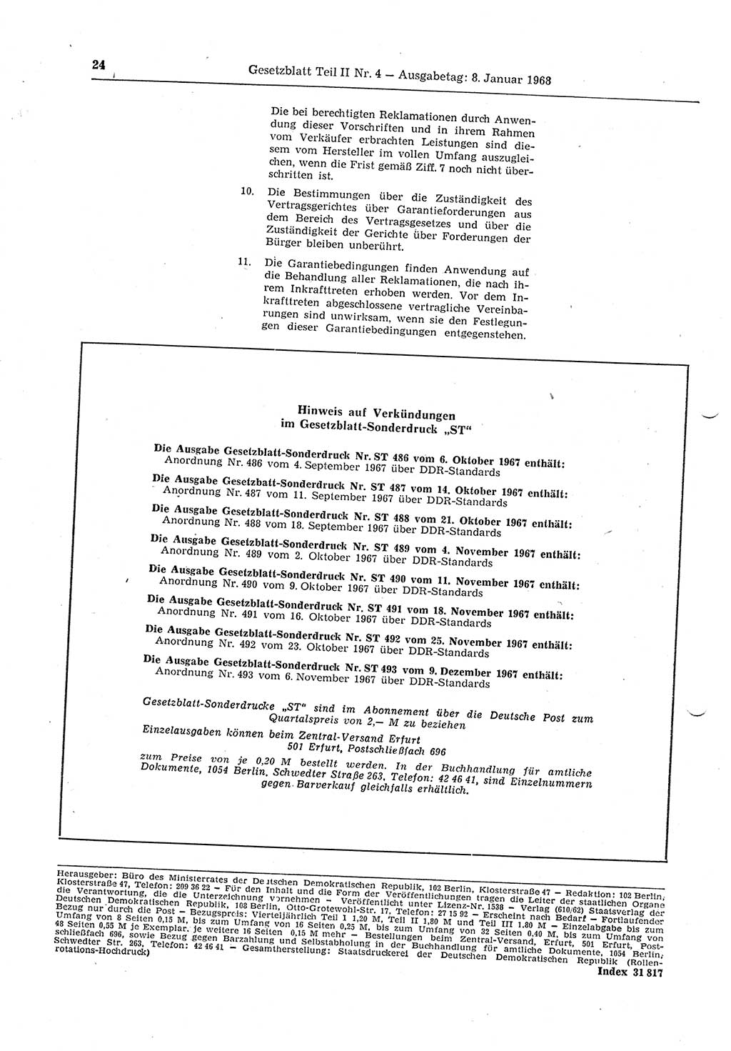 Gesetzblatt (GBl.) der Deutschen Demokratischen Republik (DDR) Teil ⅠⅠ 1968, Seite 24 (GBl. DDR ⅠⅠ 1968, S. 24)