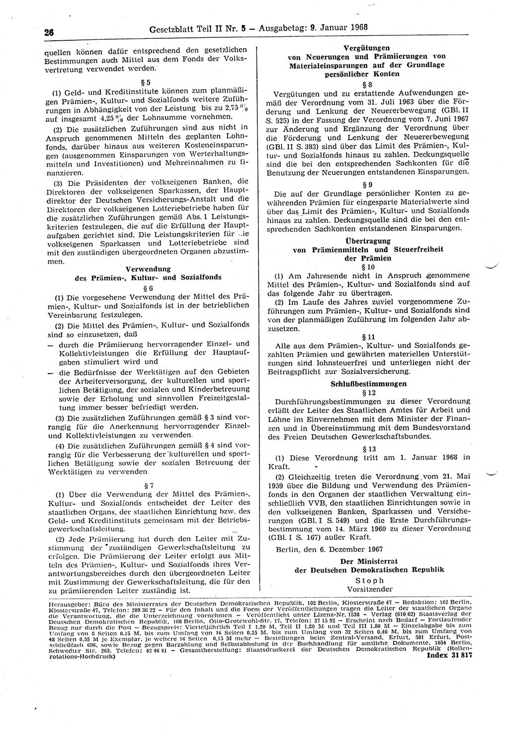 Gesetzblatt (GBl.) der Deutschen Demokratischen Republik (DDR) Teil ⅠⅠ 1968, Seite 26 (GBl. DDR ⅠⅠ 1968, S. 26)