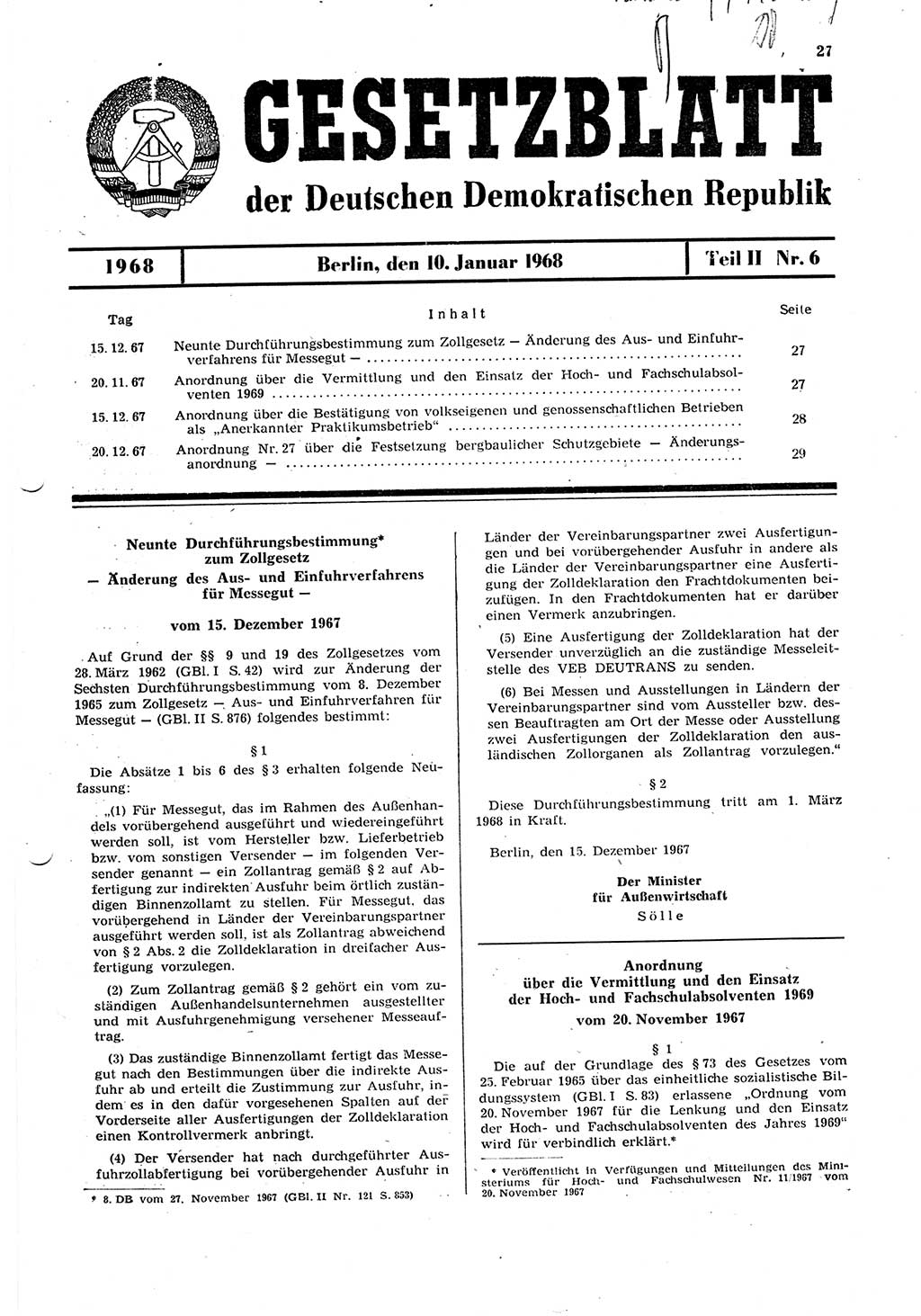 Gesetzblatt (GBl.) der Deutschen Demokratischen Republik (DDR) Teil ⅠⅠ 1968, Seite 27 (GBl. DDR ⅠⅠ 1968, S. 27)