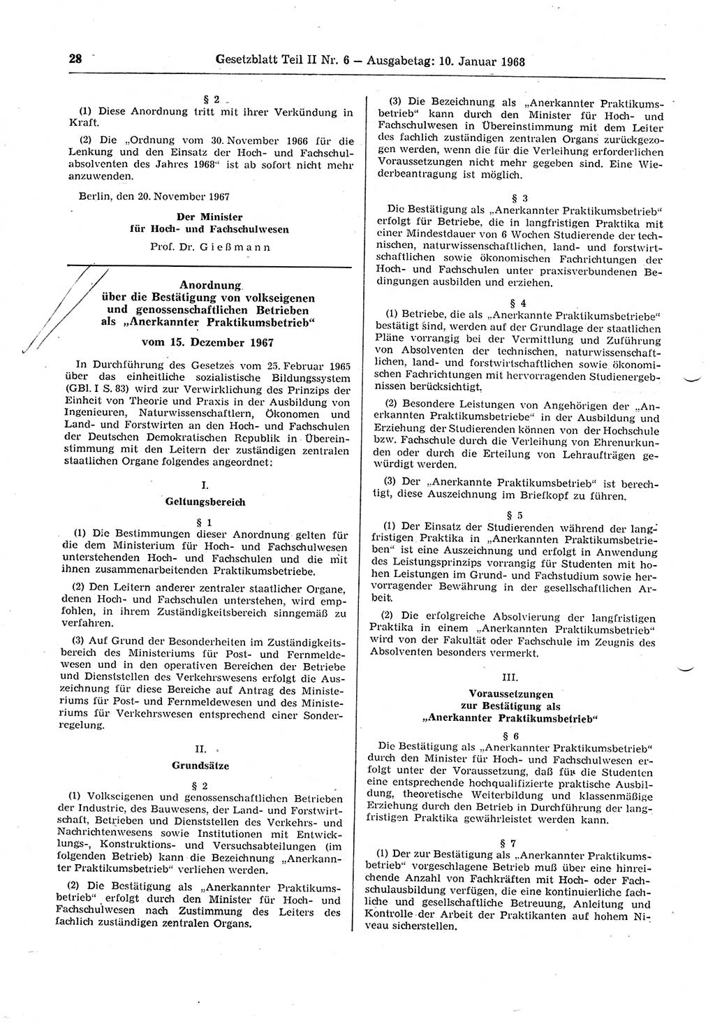 Gesetzblatt (GBl.) der Deutschen Demokratischen Republik (DDR) Teil ⅠⅠ 1968, Seite 28 (GBl. DDR ⅠⅠ 1968, S. 28)