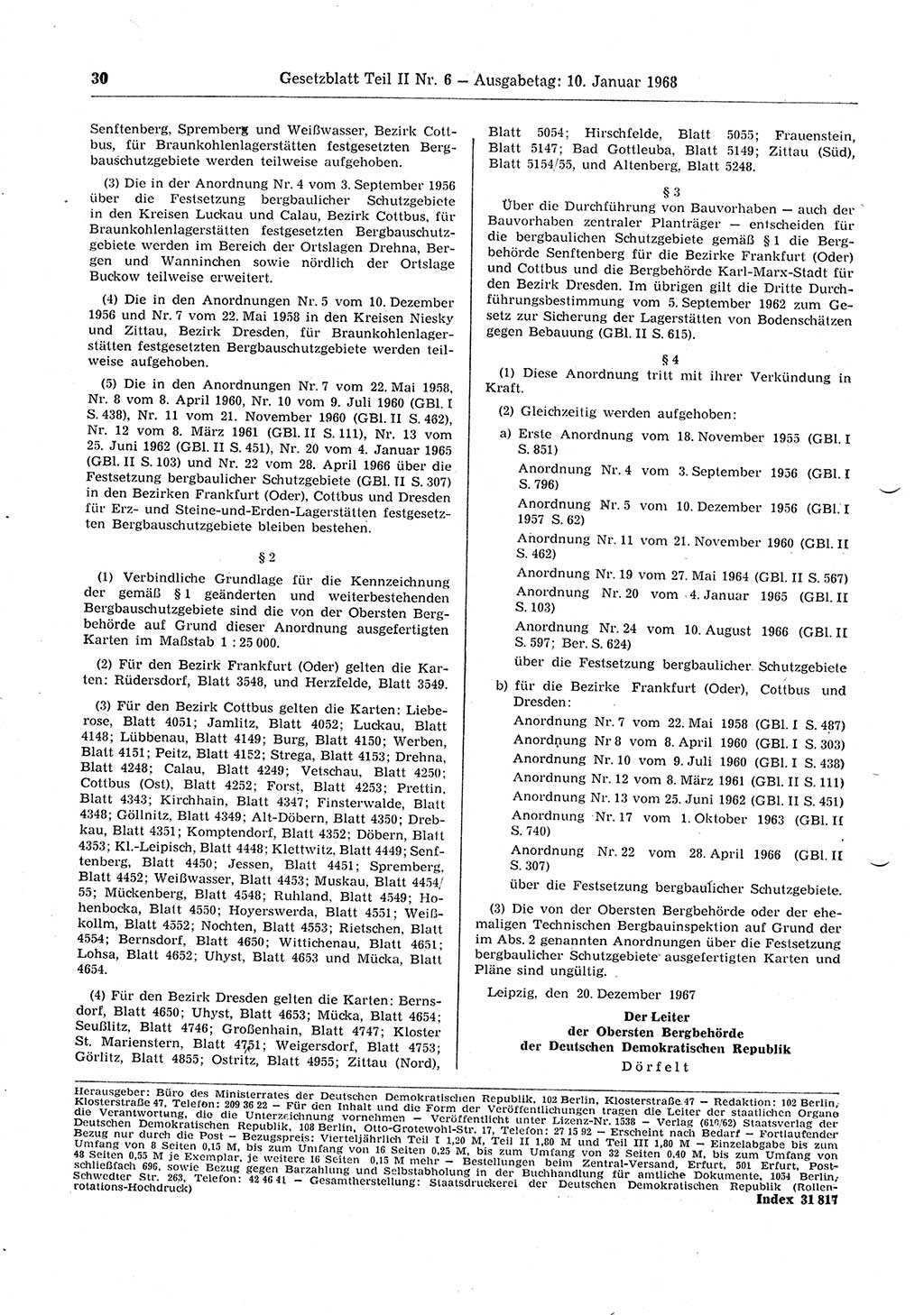 Gesetzblatt (GBl.) der Deutschen Demokratischen Republik (DDR) Teil ⅠⅠ 1968, Seite 30 (GBl. DDR ⅠⅠ 1968, S. 30)