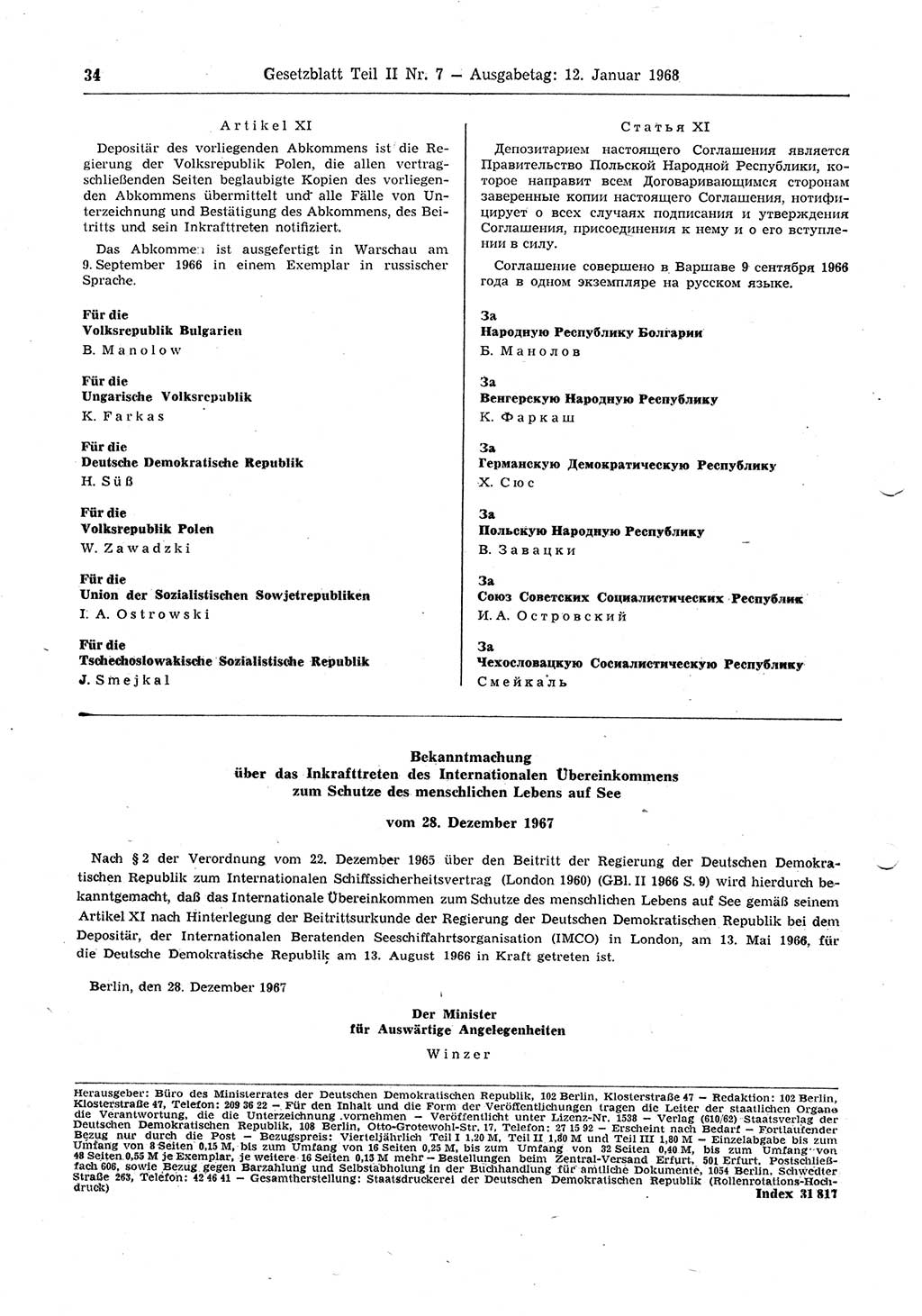 Gesetzblatt (GBl.) der Deutschen Demokratischen Republik (DDR) Teil ⅠⅠ 1968, Seite 34 (GBl. DDR ⅠⅠ 1968, S. 34)
