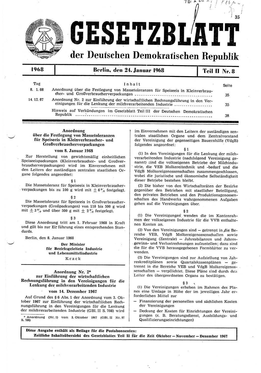 Gesetzblatt (GBl.) der Deutschen Demokratischen Republik (DDR) Teil ⅠⅠ 1968, Seite 35 (GBl. DDR ⅠⅠ 1968, S. 35)